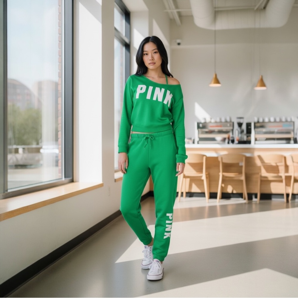 🍀VICTORIA SECRET  PINK  Green JOGGERS & Off-Shoulder Sweatshirt TWO PIECE SET🍀
